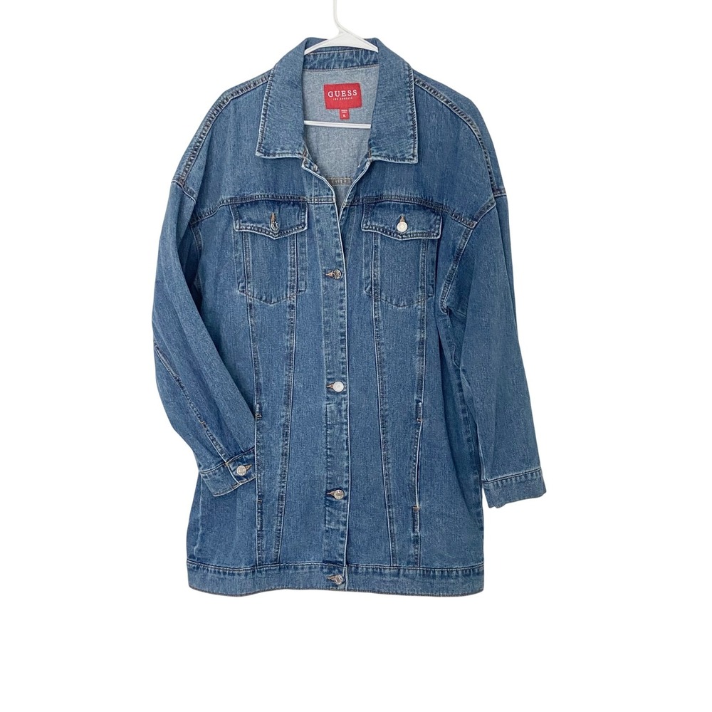 Guess Los Angeles Womens XL Longline Denim Jacket Medium Wash 100% Cotton VTG